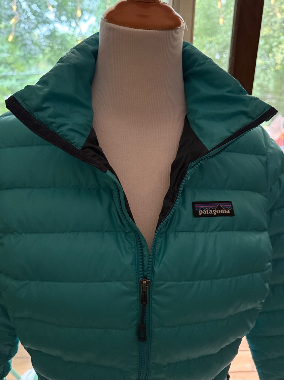 PATAGONIA Down Sweater Jacket Coat. Teal green blue color. Zip up w zipper pocke